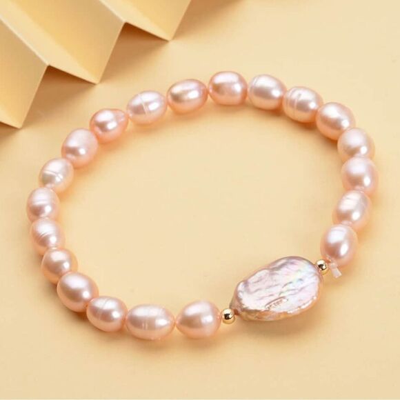 NWT PURPLE COIN KESHI PEARL & PEACH FRESHWATER STRETCH PEAL BRACELET IN SS. - Picture 14 of 15